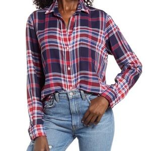 Grayson the hero print‎ Allison navy with red plaid button down